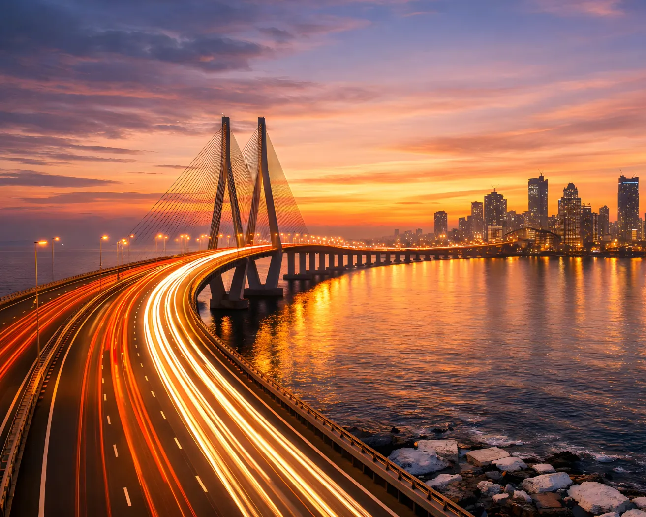 Bandra-Worli Sea Link illuminated at sunset — Mumbai outdoor media